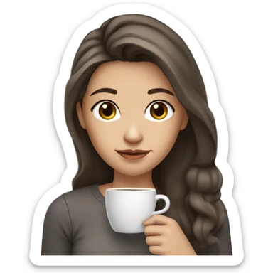 Girl with brown hair with dark gray highlights, fair skin, long, soft, beautiful hair, soft lips, brown eyes, drinking coffee sticker