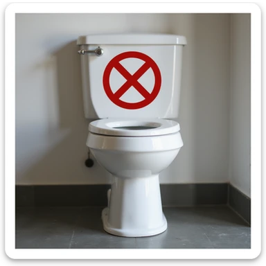 a photorealistic toilet with a vivid red prohibition symbol (circle and slash) over it sticker