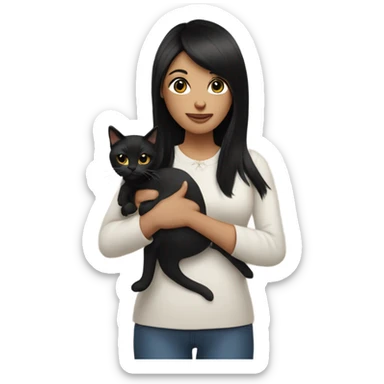 Lady with black straight hair holding a cat sticker