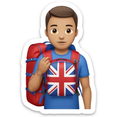 A guy with a backpack and a Union Jack on his T-shirt holds the Union Jack. sticker