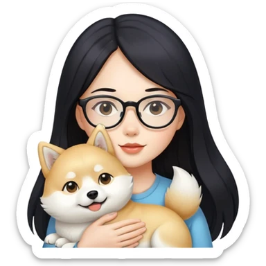 A beautiful girl with long black hair and glasses is holding a long-haired white Shiba Inu sticker