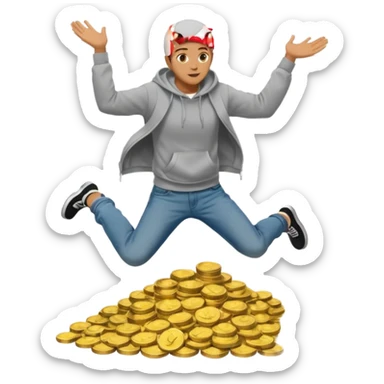 casually dress person in jeans and a hoody jumping into a pile of money sticker
