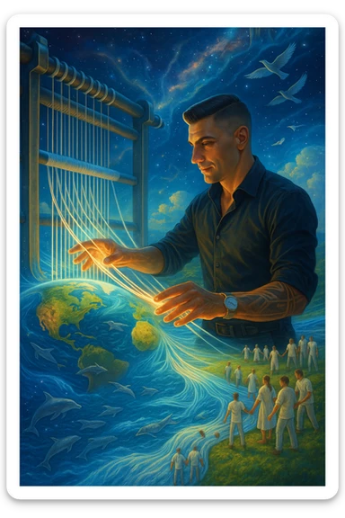 Uomo del 2030 al telaio gigante cosmico che tesse il destino del pianeta con fili di cotone stellare, ogni fibra naturale che intreccia ripara una parte dell'ecosistema terrestre, dita che brillano mentre guidano i fili di cotone attraverso dimensioni parallele, tessuto che si estende dall'atmosfera fino alle profondità marine, creature marine che nuotano attraverso le onde del tessuto acquatico, uccelli che volano seguendo i pattern del tessuto aereo, humanity unita che indossa vestiti di cotone e partecipa alla grande tessitura collettiva della salvezza planetaria sticker