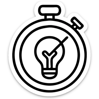 minimalist vector icon of a classic stopwatch with circular thick rim, crown at 12 o'clock, start/stop button on side, with a classic incandescent lightbulb inside the face, stopwatch hand pointer overlaps the bulb for a dynamic effect, clean modern vector art, single dark gray color, no gradients or shadows, bold clear outlines, lightbulb is the focal point sticker
