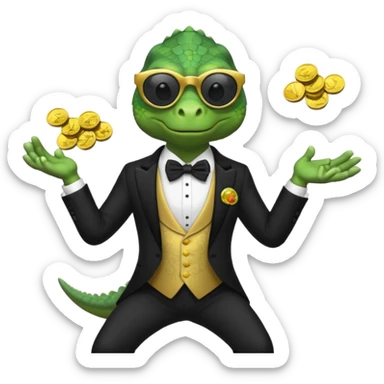 capitalist iguana banker in tuxedo and black sunglasses jongling with coins sticker