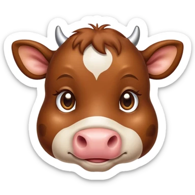 Cinematic Cute Brown Cow Portrait Emoji, Head tilted playfully and inquisitively, featuring a glossy, rich brown hide with a natural sheen, round, sparkling brown eyes filled with gentle curiosity, Simplified yet irresistibly adorable features, highly detailed, glowing with a warm, friendly glow, high shine, affectionate and serene, stylized with a touch of country charm, bright and endearing, soft glowing outline, capturing the essence of a mischievous yet loving cow, so playful it feels like it could moo out of the screen and into your arms! sticker