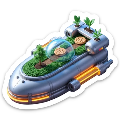 Exterior view of a futuristic spaceship farm floating in space, metallic hull with glowing pipes, transparent domes growing cookie plants, stars and planets in the background, emoji-style sticker