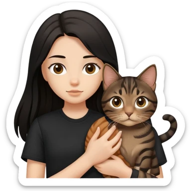 a  girl with black long hair with a brown tabby with black shirt sticker
