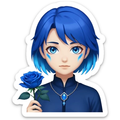 anime girl emoji with dark blue hair, blue rose, intense blue glowing eyes, Solo Leveling style, blue magical aura, high contrast, 2D sticker