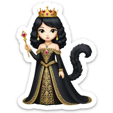 cat dressed like a beautiful queen with a long pretty black wig sticker