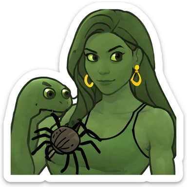 Attractive and muscular Mexican woman in her 20s with long dark brown hair with blonde highlights, with a tarantula sticker