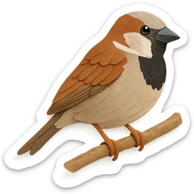 close-up of a house sparrow perched on a tree branch, fine paper edges, subtle feather patterns, black bib sticker