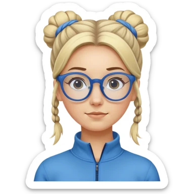 Blonde girl with big blue glasses hair tied in bun wearing gray half zip sticker