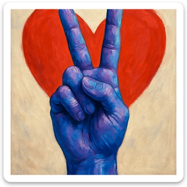 realistic hand making a peace sign, mostly purple and blue, with a red heart in the background, gpt-image style sticker