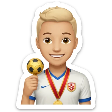 Happy light soccer player with a first-place medal
 sticker