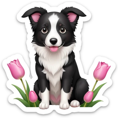 A cute  little  Black and white Border Collie and Pink tulip sticker