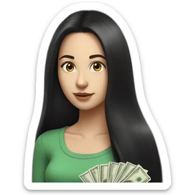 hyperrealist caucasian girl black long hair holding money sticker