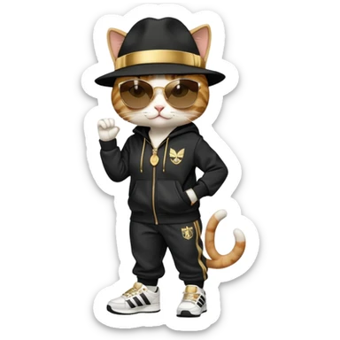 female cat dressed like Run DMC, tracksuit, fedora, gold chains, Adidas shoes, dark sunglasses, upright pose sticker