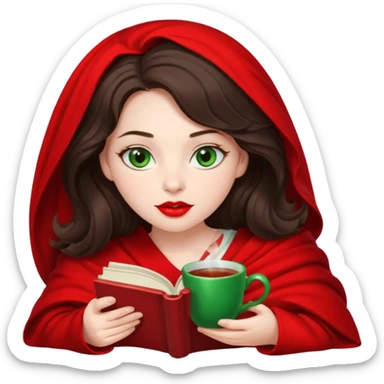 Long wavy dark brown haired, white skinned, dark big green eyed girl with red lipstick wrapped in a red blanket, sipping tea and reading a book sticker