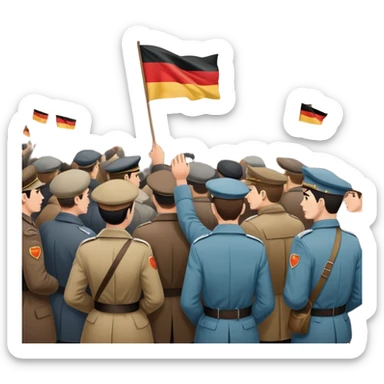 East German protest scene with people holding protest signs, DDR flag, Berlin Wall, subdued mood, 1950s sticker