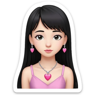 Cabelos pretos longos lisos ,com franja curvada .olhos pretos puxadinho para cima. Cílios longos curvados. Pele clara ,nariz pequeno ,lábios carnudos ,adolescente 16 anos ,vestido rosa de alça, colar de coração prata ,brinco de diamante sticker