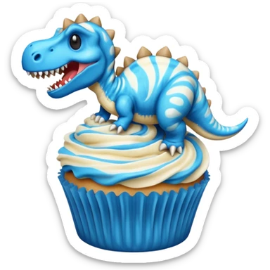 A cupcake having blue and black icing and a dinosaur as a decoration and ice cream next to it sticker