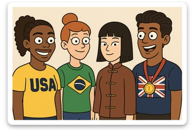 Serena Williams American shirts girl Orange bun hair a Brazil shirts boy brown Chinese shirt Chinese girl black hair United Kingdom shirt Defined Waves hair sports medal  sticker