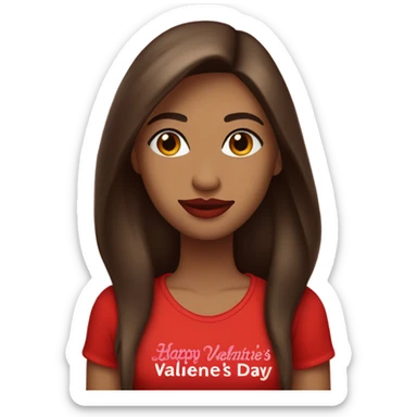 light brown lady, dark brown long straight hair, red lips, eyelashes, wearing red “happy Valentine’s Day” t shirt sticker