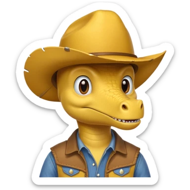 yellow dinosaor with cowboy helmet with cowbot clothes sticker