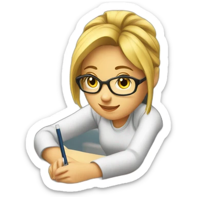 White Smart girl doing Homework on a desk writing on a pice of paper sticker