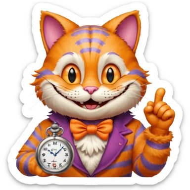 Cheesier cat from Alice in wonderland pointing at a pocket watch wearing a hat sticker