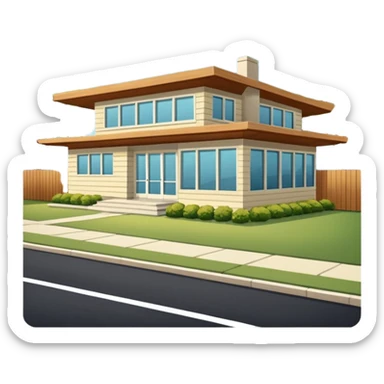 midcentury modern house with 1000 sqft and all windows and a sliding windows on corner. With overhanging shade and slats. sticker