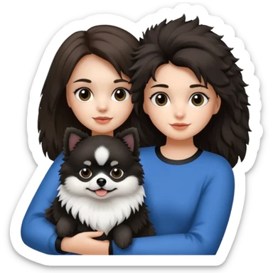 A brunette hair girl holding a black and white 1 Pomeranian dog who has black face but in the middle it’s white line sticker