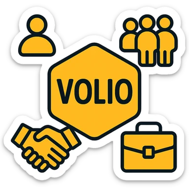 futuristic tech-style minimal logo, Volio logo in center, orange-yellow color scheme, HR icons person, group, handshake, briefcase arranged cleanly, high contrast on white, abstract professional sticker