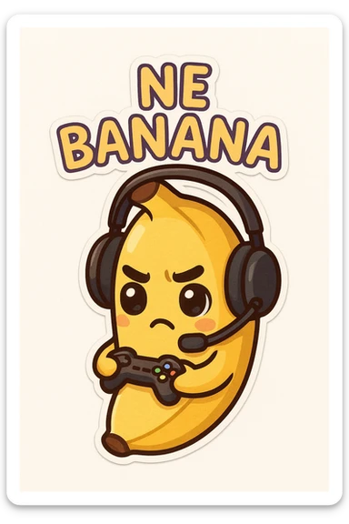 Cartoon banana wearing headset, holding tiny controller, focused expression, text above: "NE BANANA", chibi style, Twitch emoji style, transparent background, colorful sticker