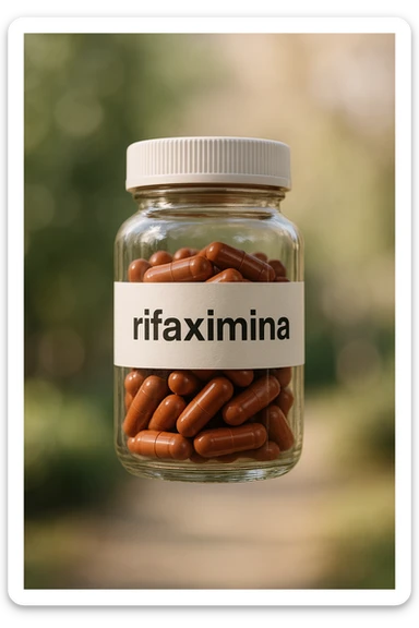 barattolo di medicinale con la scritta "rifaximina" sull'etichetta fluttua in aria, iperrealistico 4k sticker