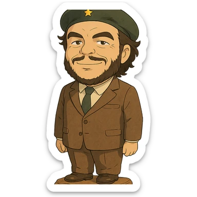 statuette of Che Guevara in a suit and tie, big head, confident smile, ghibli style sticker
