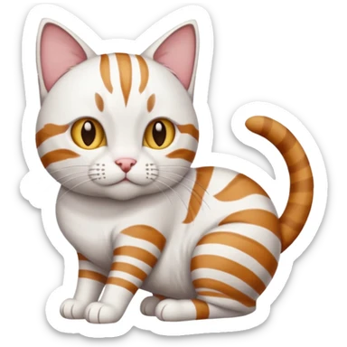 a white cat with brown tabby patches on the top of his head (ears) a patch on its side/arm and a striped tail the rest of the body is bright white sticker