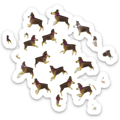  brindle brown black maroon gold lurcher Alsatian fox running blue eyes and iridescent holographic oilslick harness wearing paper iridescent tropical flower crown yellow caution tape sticker