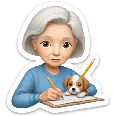 An elderly woman sketching her puppy face. sticker