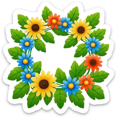 midsommarstång (Swedish maypole) decorated with green leaves and colorful flowers, standing upright with two floral wreaths hanging from the crossbar, festive and cheerful, clean modern illustration style sticker