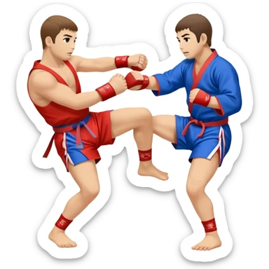 An icon symbolizing Sambo, featuring two fighters in blue and red kimonos with shorts and wrestling shoes. One executes a powerful throw, while the other attempts a defensive grab. The fighters are engaged in a grapple, using joint locks and sweeps.  sticker