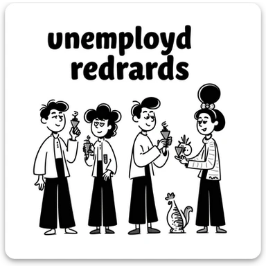bold hand-drawn doodle of a group of eccentric creators with the text 'unemployd retards', emphasizing creativity and nonconformity sticker