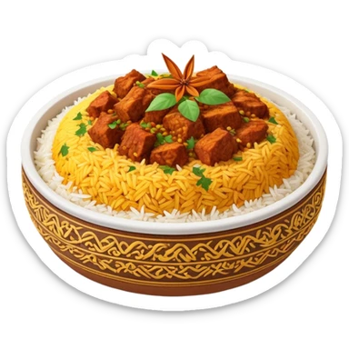 Cinematic Realistic Biryani Dish Emoji, depicted as aromatic basmati rice layered with spiced meat and herbs rendered with vibrant textures and warm, inviting lighting. sticker