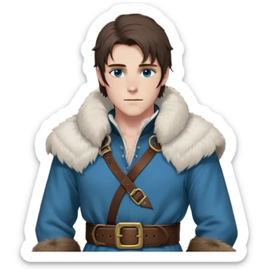 Medieval winter outfit worn by a DnD themed fantasy male character. Thick charcoal wool tunic with fur-lined collar and cuffs, layered over a thermal linen undershirt, secured with a wide leather belt with brass fittings. Clothes only above the waist, full waist coverage. The character has no arms. Character is white-skinned with dark chestnut hair, ice-blue eyes, and shoulder-length straight hair partially tucked into the fur collar. sticker