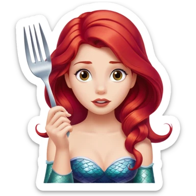 Disney Ariel mermaid with red hair holding a fork, curious expression sticker