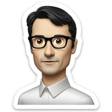 small photo realistic Ralf Hutter from Kraftwerk, short straight black hair, Dark Brown eyes, black glasses, thin, black shirt, beside Tesla sticker