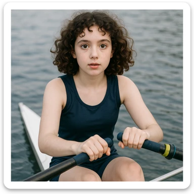 kürek çeken, kıvırcık saçlı, beyaz tenli, gözleri biraz iri kız, genel stil sticker