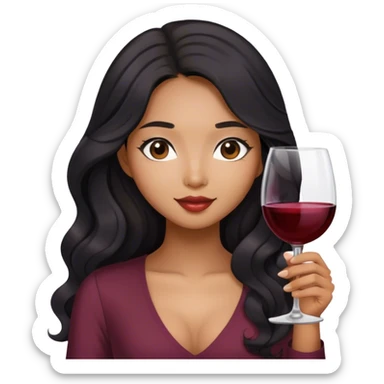 brown asian girl with black long wavy hair holding glass of wine sticker