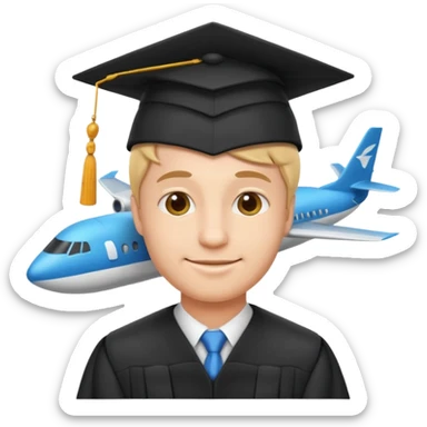 emoji man student at university with graduation cap and airplane, happy, programme erasmus,white background sticker